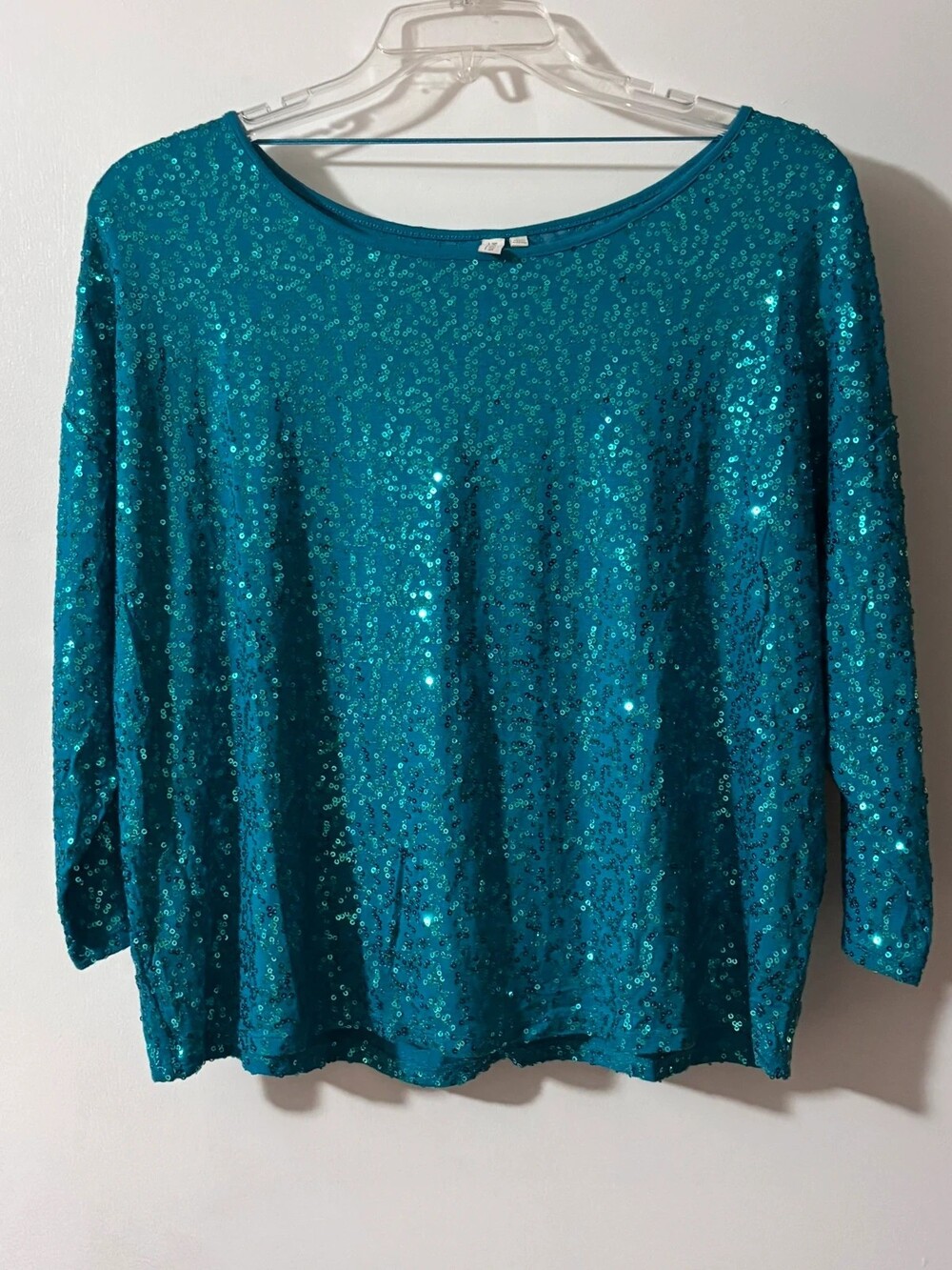 Madison Teal Sequin Blouse Size L Sparkly Oversized Party Top
